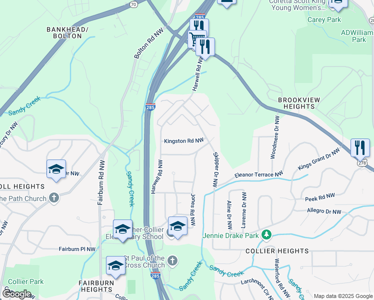 map of restaurants, bars, coffee shops, grocery stores, and more near 3213 Jamaica Road Northwest in Atlanta