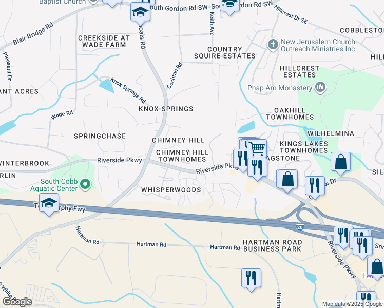 map of restaurants, bars, coffee shops, grocery stores, and more near 7258 Rockhouse Road in Austell