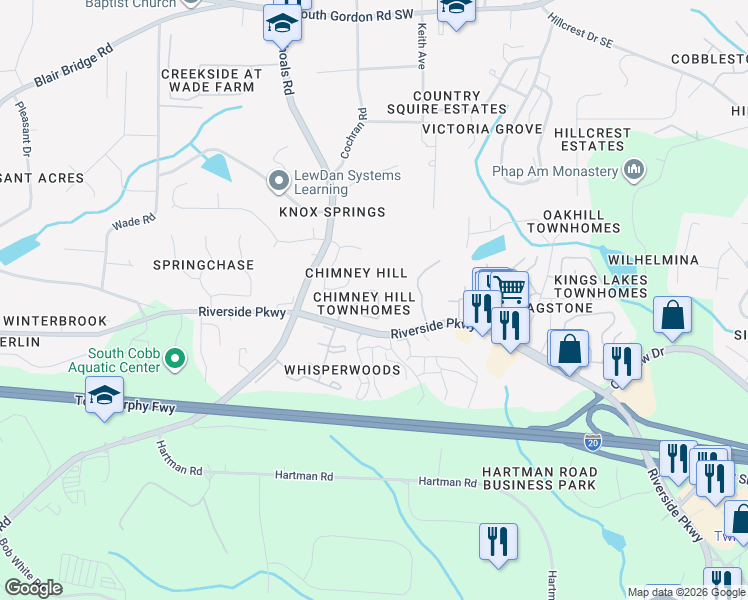 map of restaurants, bars, coffee shops, grocery stores, and more near 7258 Rockhouse Road in Austell