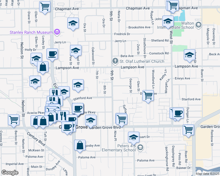 map of restaurants, bars, coffee shops, grocery stores, and more near 12671 9th Street in Garden Grove