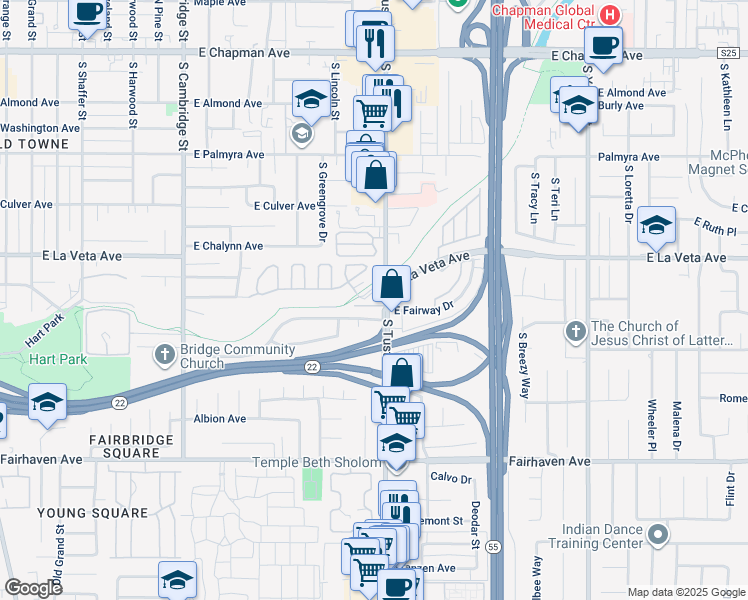 map of restaurants, bars, coffee shops, grocery stores, and more near 1616 East Rock Creek Drive in Orange