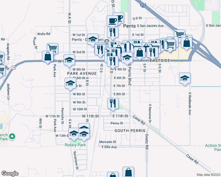 map of restaurants, bars, coffee shops, grocery stores, and more near 832 South D Street in Perris