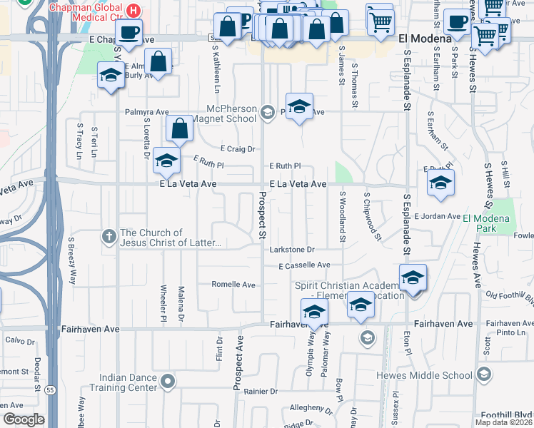 map of restaurants, bars, coffee shops, grocery stores, and more near 12621 Shasta Way in Santa Ana