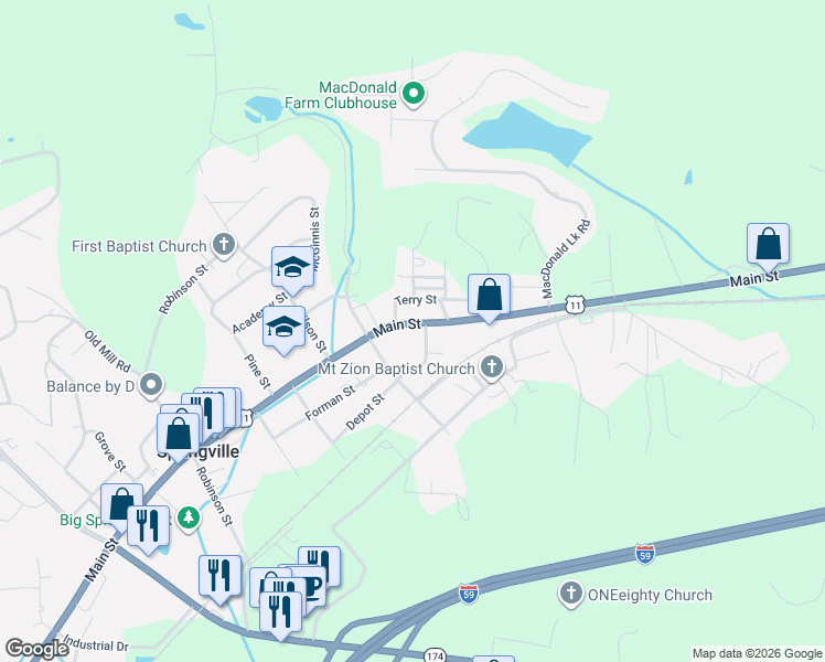 map of restaurants, bars, coffee shops, grocery stores, and more near 54 Bruce Street in Springville