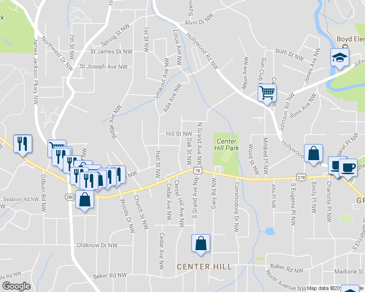 map of restaurants, bars, coffee shops, grocery stores, and more near 875 Center Hill Avenue Northwest in Atlanta