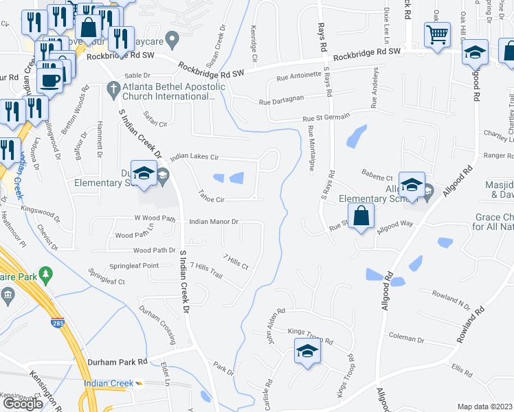 map of restaurants, bars, coffee shops, grocery stores, and more near 693 Tahoe Circle in Stone Mountain