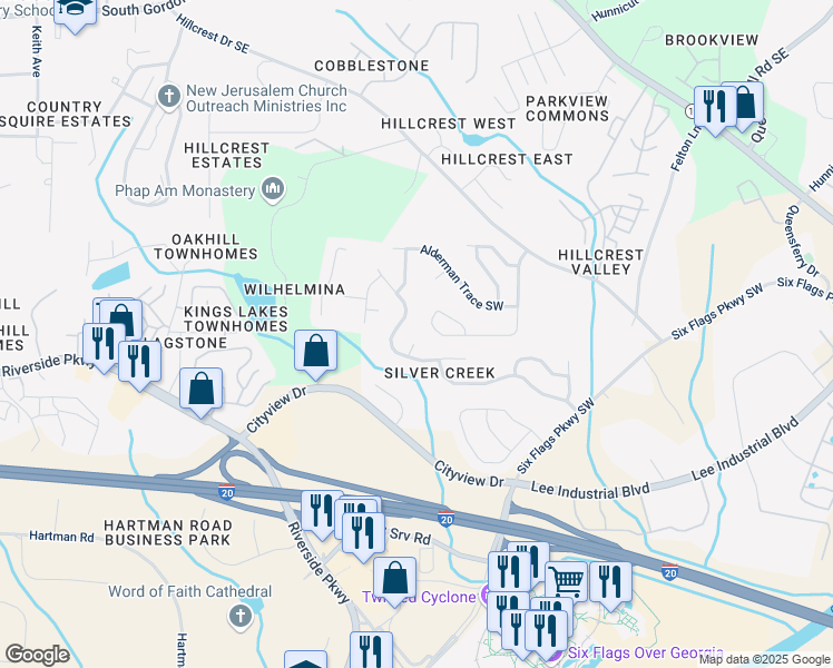 map of restaurants, bars, coffee shops, grocery stores, and more near 7302 Silver Mine Court Southeast in Austell