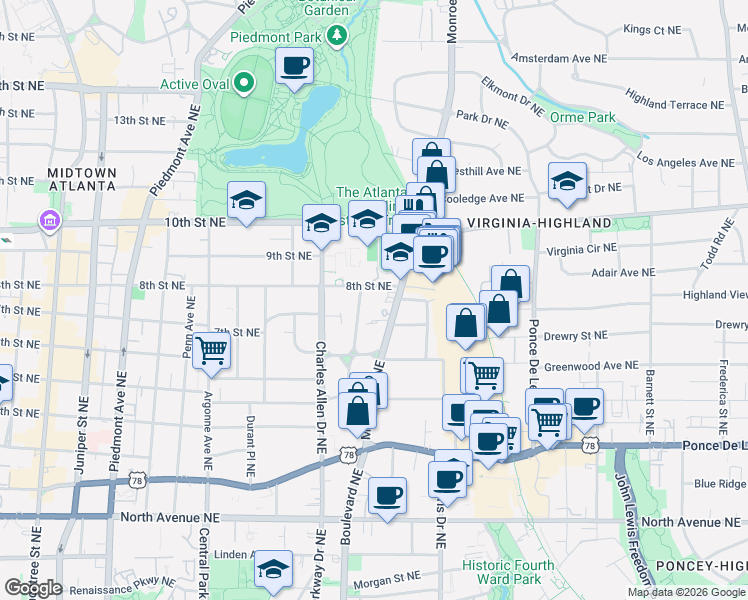 map of restaurants, bars, coffee shops, grocery stores, and more near 505 8th Street Northeast in Atlanta
