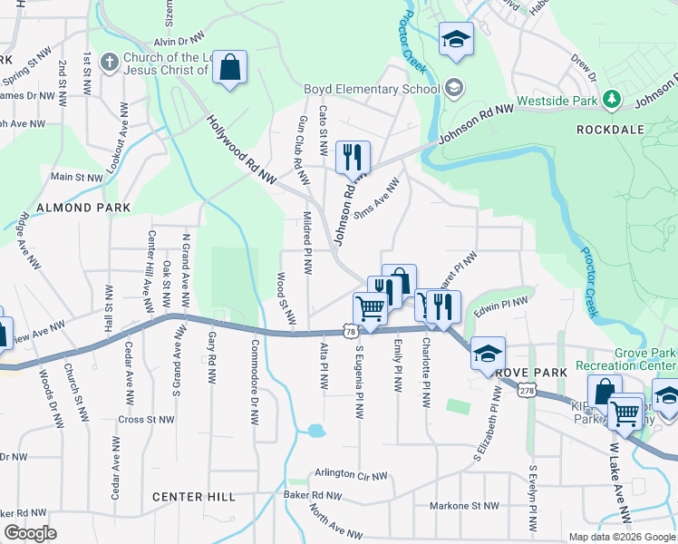 map of restaurants, bars, coffee shops, grocery stores, and more near 874 Hollywood Road Northwest in Atlanta