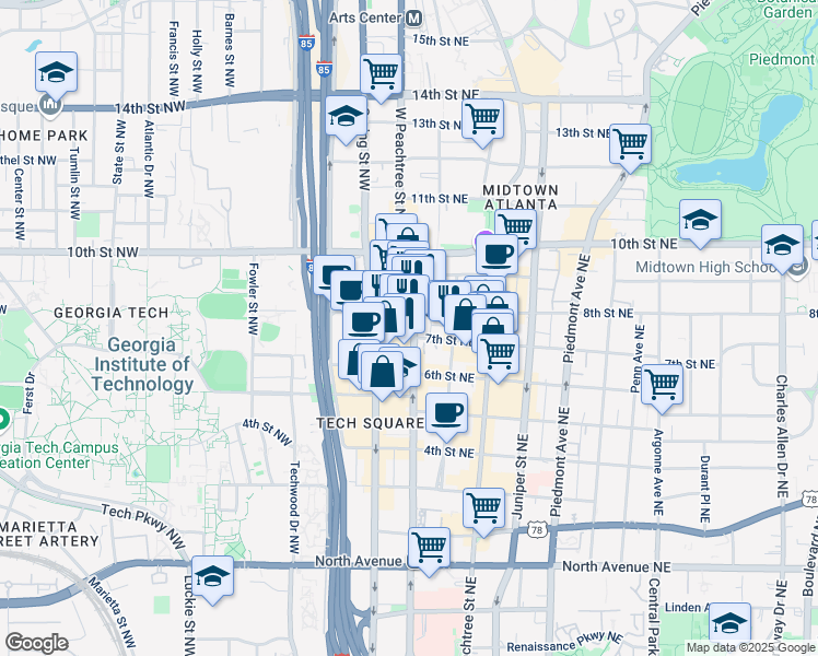 map of restaurants, bars, coffee shops, grocery stores, and more near 885 West Peachtree Street Northwest in Atlanta