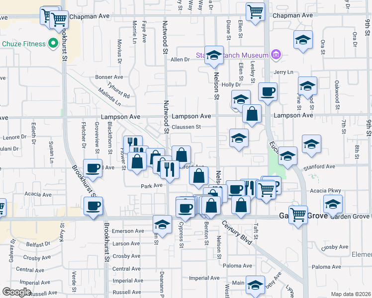 map of restaurants, bars, coffee shops, grocery stores, and more near 10620 Lakeside Drive South in Garden Grove