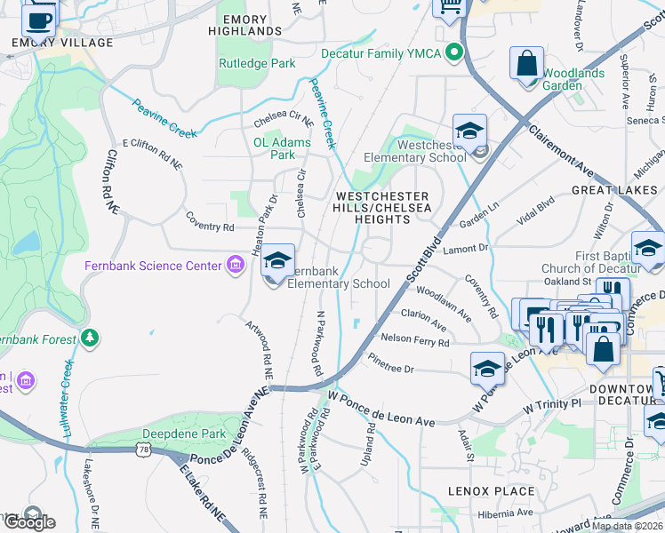 map of restaurants, bars, coffee shops, grocery stores, and more near 779 North Parkwood Road in Decatur