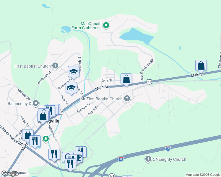 map of restaurants, bars, coffee shops, grocery stores, and more near 54 Bruce Street in Springville