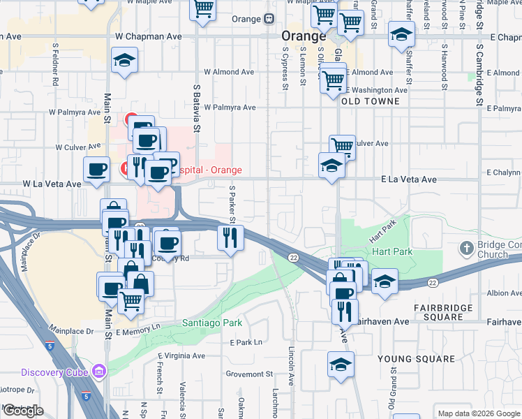 map of restaurants, bars, coffee shops, grocery stores, and more near 611 South La Veta Park Circle in Orange