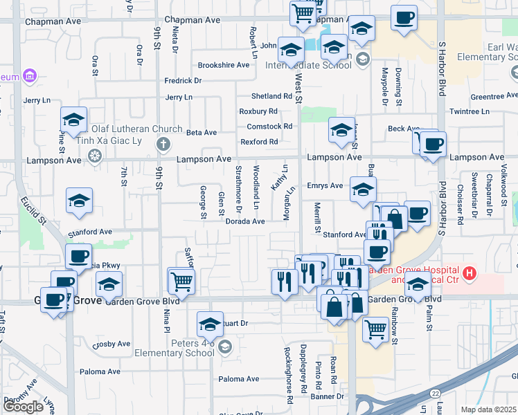 map of restaurants, bars, coffee shops, grocery stores, and more near 12662 Woodland Lane in Garden Grove