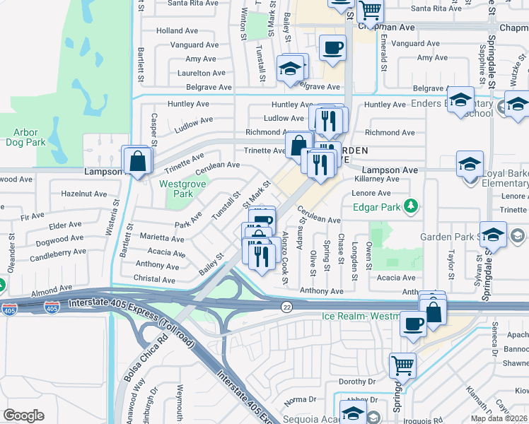 map of restaurants, bars, coffee shops, grocery stores, and more near 12586 George Reyburn Road in Garden Grove