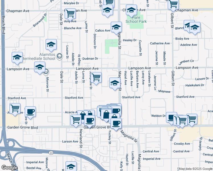 map of restaurants, bars, coffee shops, grocery stores, and more near 12631 Agnes Stanley Street in Garden Grove