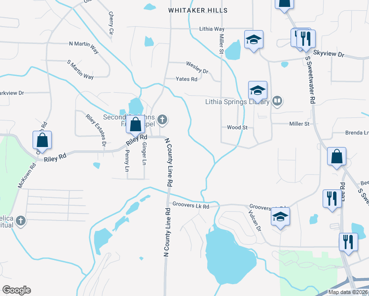 map of restaurants, bars, coffee shops, grocery stores, and more near 974 North County Line Road in Lithia Springs