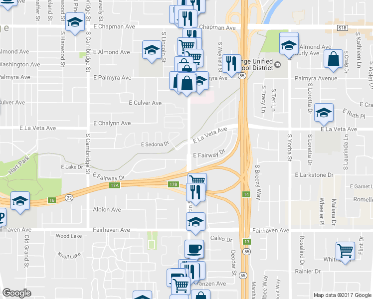 map of restaurants, bars, coffee shops, grocery stores, and more near 1830 East Fairway Drive in Orange