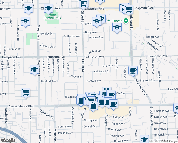 map of restaurants, bars, coffee shops, grocery stores, and more near 9731 Halekulani Drive in Garden Grove