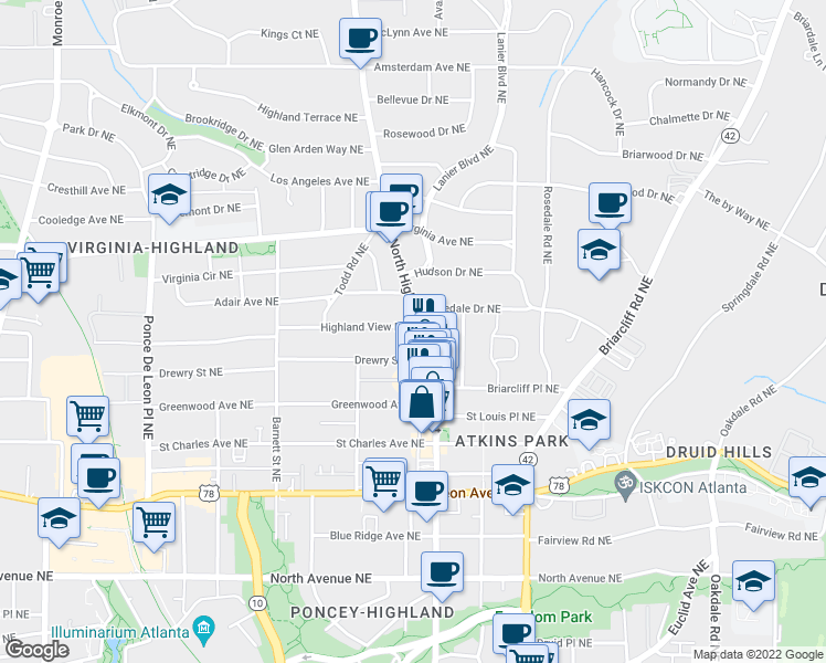 map of restaurants, bars, coffee shops, grocery stores, and more near 898 North Highland Avenue Northeast in Atlanta