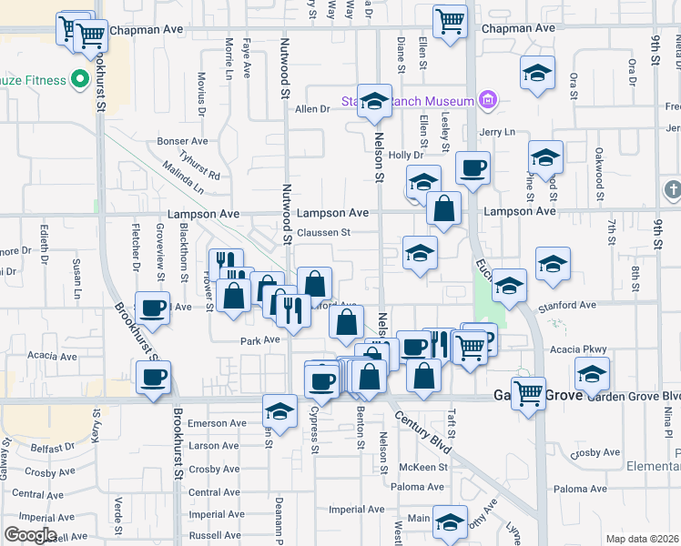 map of restaurants, bars, coffee shops, grocery stores, and more near 10601 Lakeside Drive South in Garden Grove