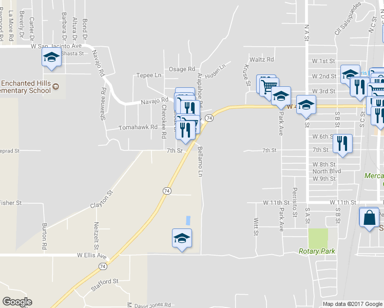 map of restaurants, bars, coffee shops, grocery stores, and more near 23500 California 74 in Perris