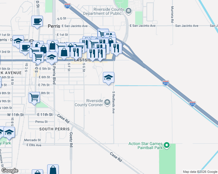 map of restaurants, bars, coffee shops, grocery stores, and more near 515 East 7th Street in Perris