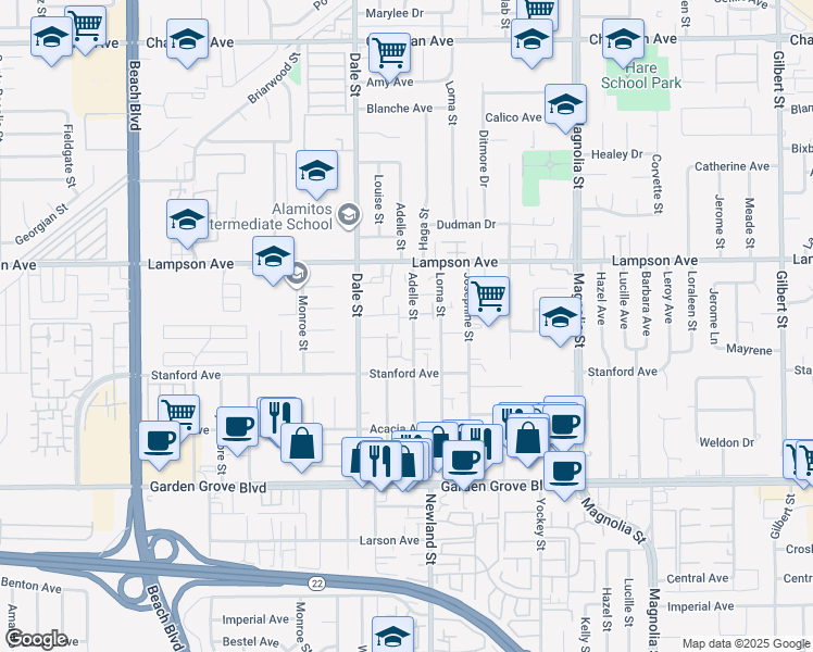 map of restaurants, bars, coffee shops, grocery stores, and more near 12621 Adelle Street in Garden Grove