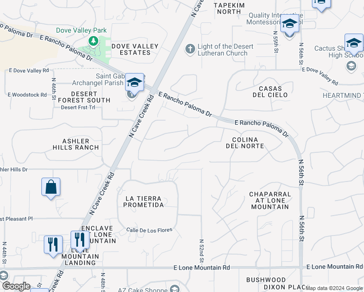 map of restaurants, bars, coffee shops, grocery stores, and more near 5067 East Lonesome Trail in Cave Creek