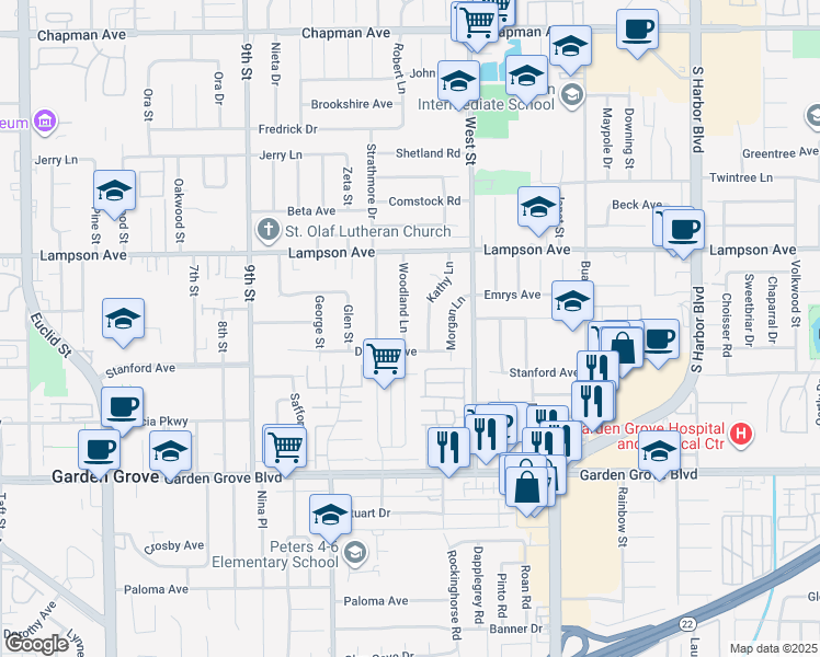 map of restaurants, bars, coffee shops, grocery stores, and more near 12662 Woodland Lane in Garden Grove