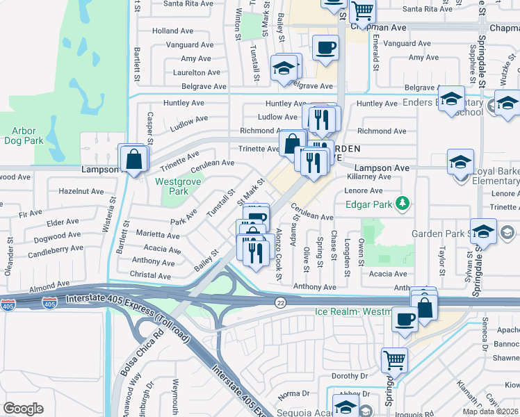 map of restaurants, bars, coffee shops, grocery stores, and more near 12586 George Reyburn Road in Garden Grove