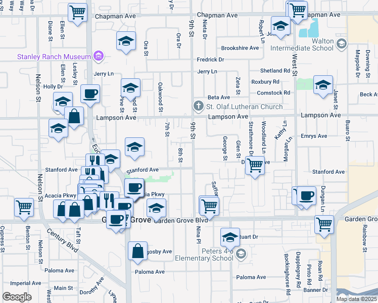 map of restaurants, bars, coffee shops, grocery stores, and more near 12671 9th Street in Garden Grove