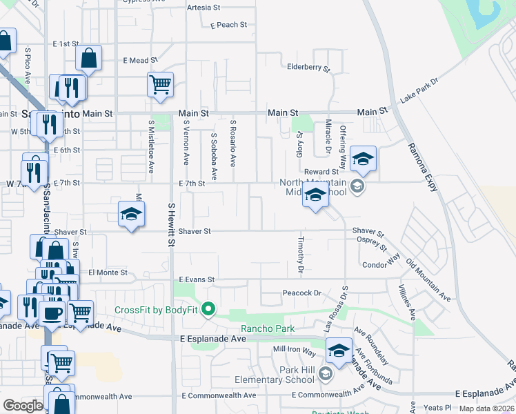 map of restaurants, bars, coffee shops, grocery stores, and more near in San Jacinto