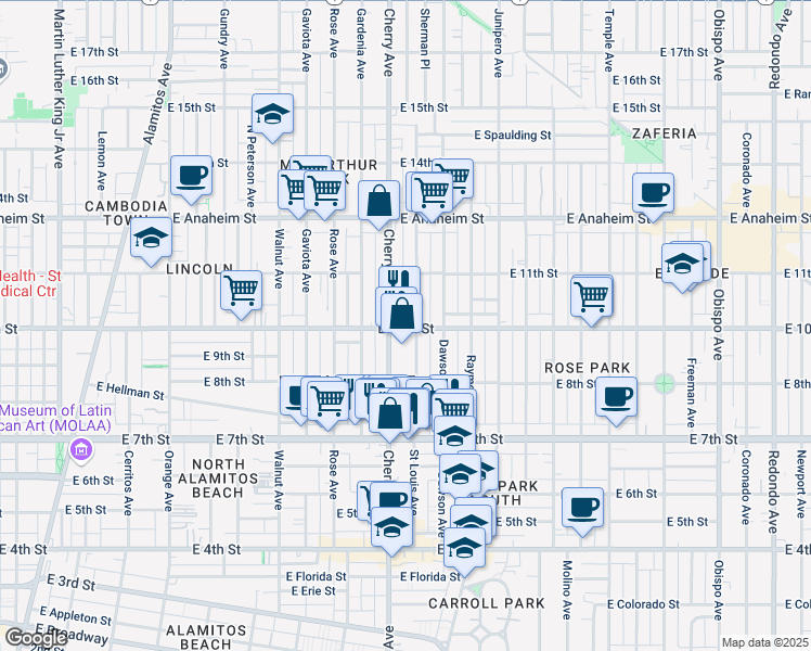 map of restaurants, bars, coffee shops, grocery stores, and more near 2029 East 10th Street in Long Beach