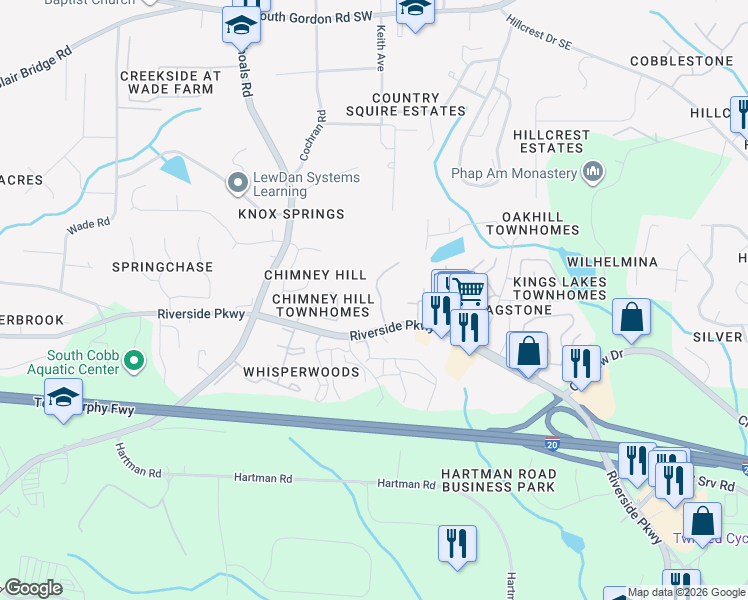 map of restaurants, bars, coffee shops, grocery stores, and more near 506 Riverside Parkway in Austell