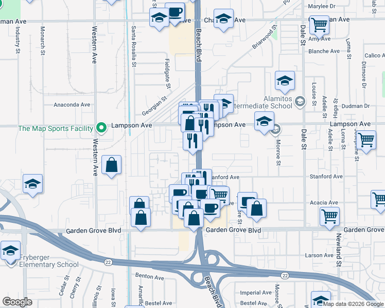 map of restaurants, bars, coffee shops, grocery stores, and more near 12640 Beach Boulevard in Stanton