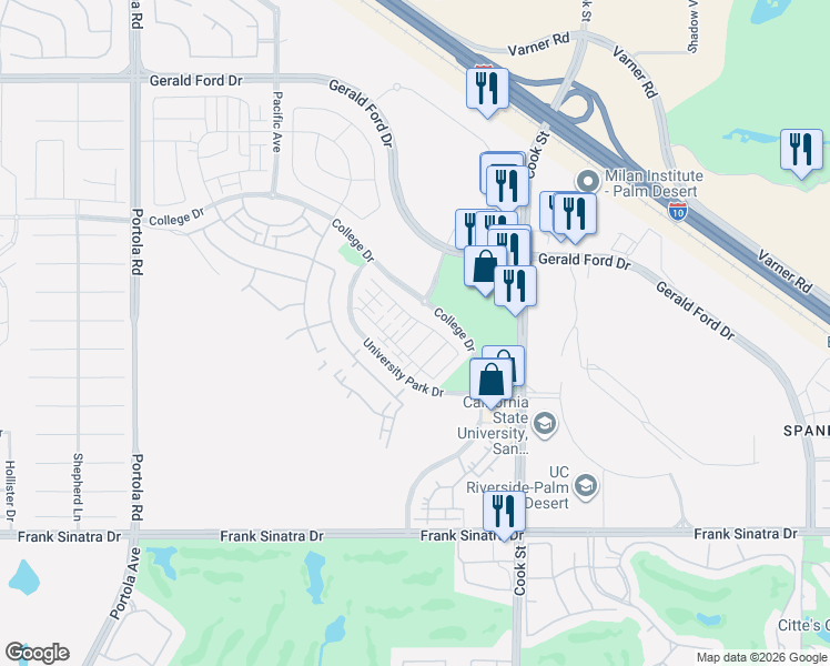 map of restaurants, bars, coffee shops, grocery stores, and more near 76345 Cornell Way in Palm Desert