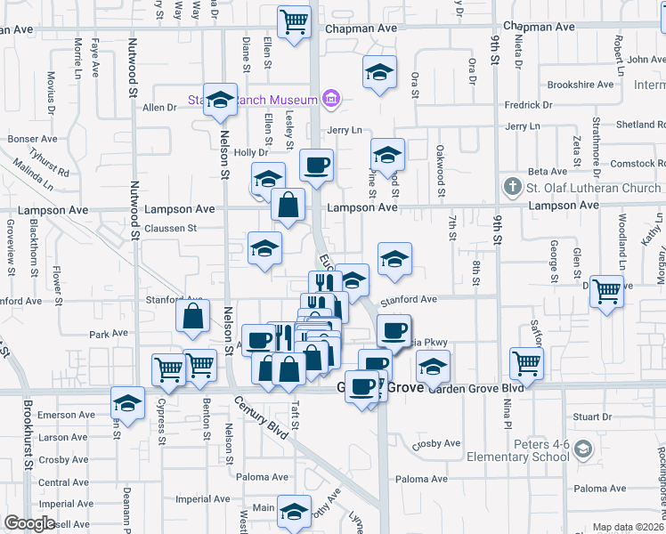 map of restaurants, bars, coffee shops, grocery stores, and more near 12640 Euclid Street in Garden Grove