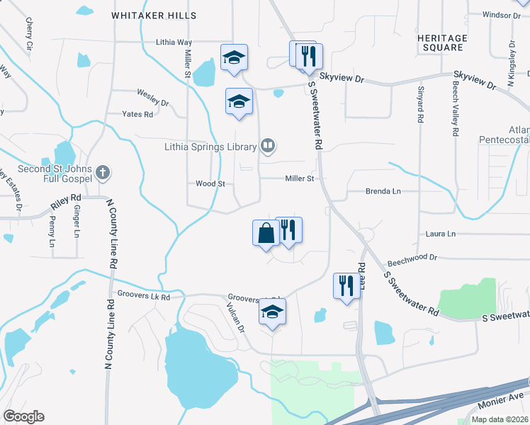 map of restaurants, bars, coffee shops, grocery stores, and more near 2645 Lithia Ridge Drive in Lithia Springs