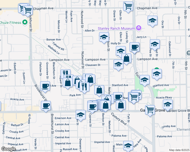 map of restaurants, bars, coffee shops, grocery stores, and more near 10611 Lakeside Drive South in Garden Grove