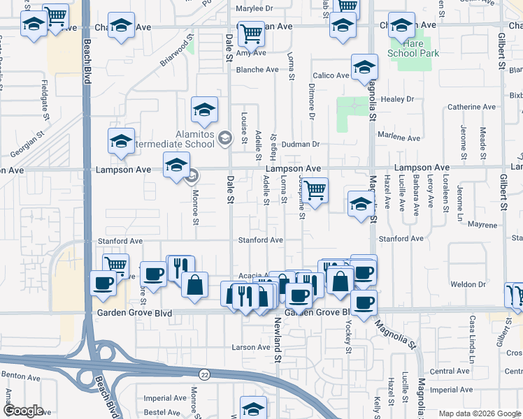 map of restaurants, bars, coffee shops, grocery stores, and more near 12621 Adelle Street in Garden Grove