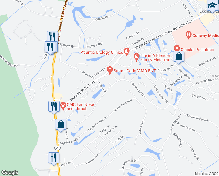 map of restaurants, bars, coffee shops, grocery stores, and more near 270 Ridge Point Drive in Conway