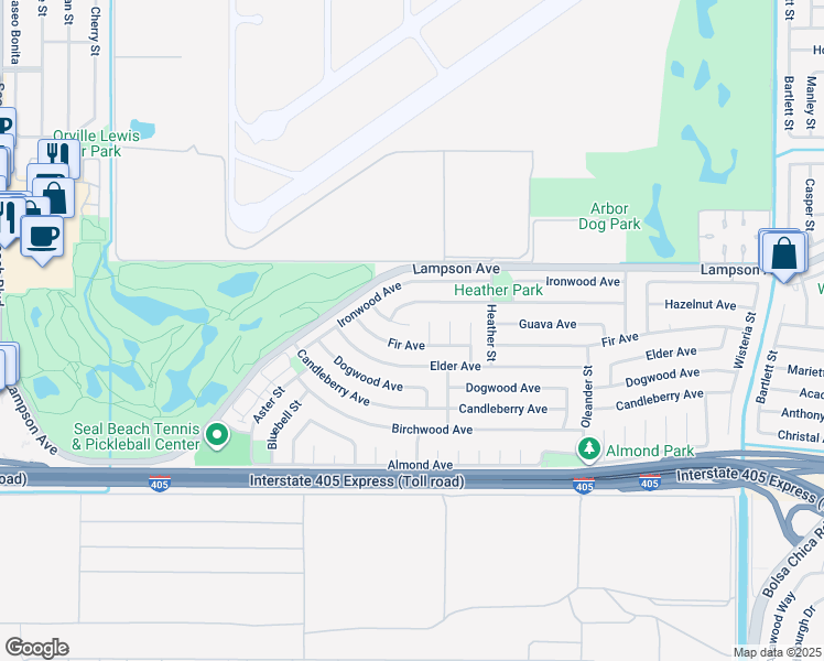 map of restaurants, bars, coffee shops, grocery stores, and more near 4340 Guava Avenue in Seal Beach