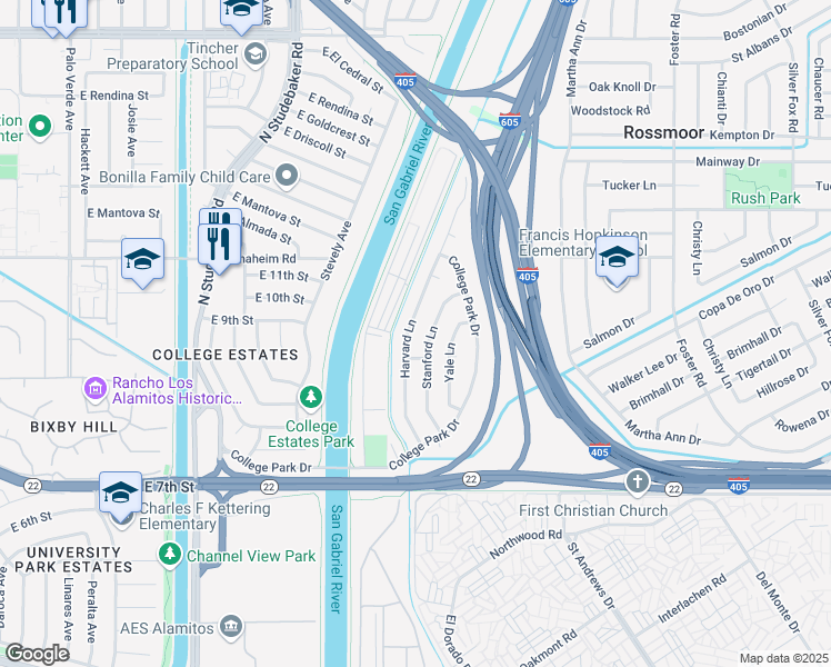 map of restaurants, bars, coffee shops, grocery stores, and more near 196 Harvard Lane in Seal Beach