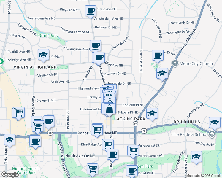 map of restaurants, bars, coffee shops, grocery stores, and more near 885 North Highland Avenue Northeast in Atlanta