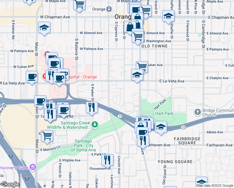 map of restaurants, bars, coffee shops, grocery stores, and more near 619 South Cypress Street in Orange