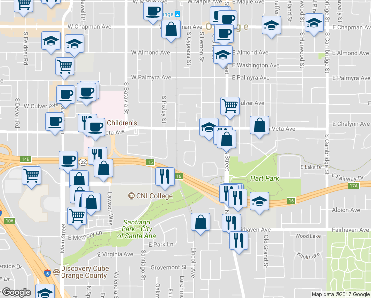 map of restaurants, bars, coffee shops, grocery stores, and more near 619 South Cypress Street in Orange