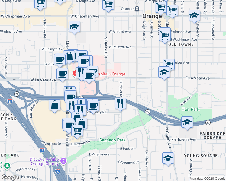 map of restaurants, bars, coffee shops, grocery stores, and more near 920 West La Veta Avenue in Orange