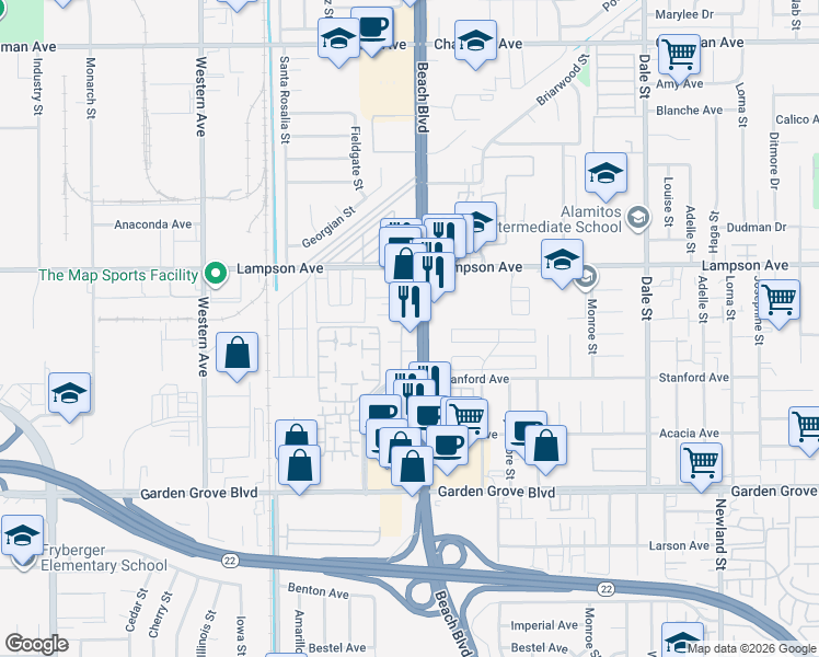 map of restaurants, bars, coffee shops, grocery stores, and more near 12640 Beach Boulevard in Stanton